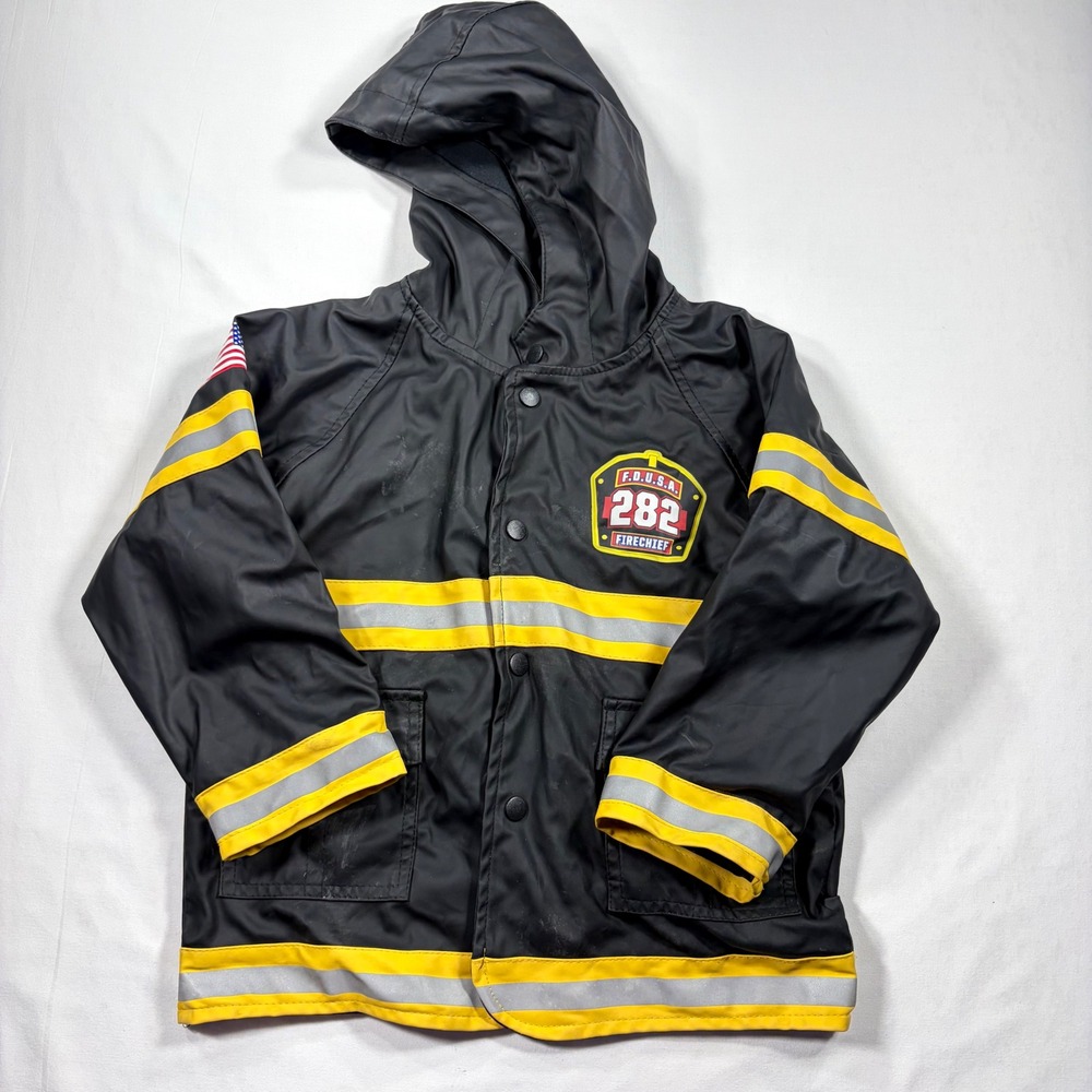 Kids 4T Hooded Raincoat Jacket Fire Fighter Design Reflective Weatherproof Play